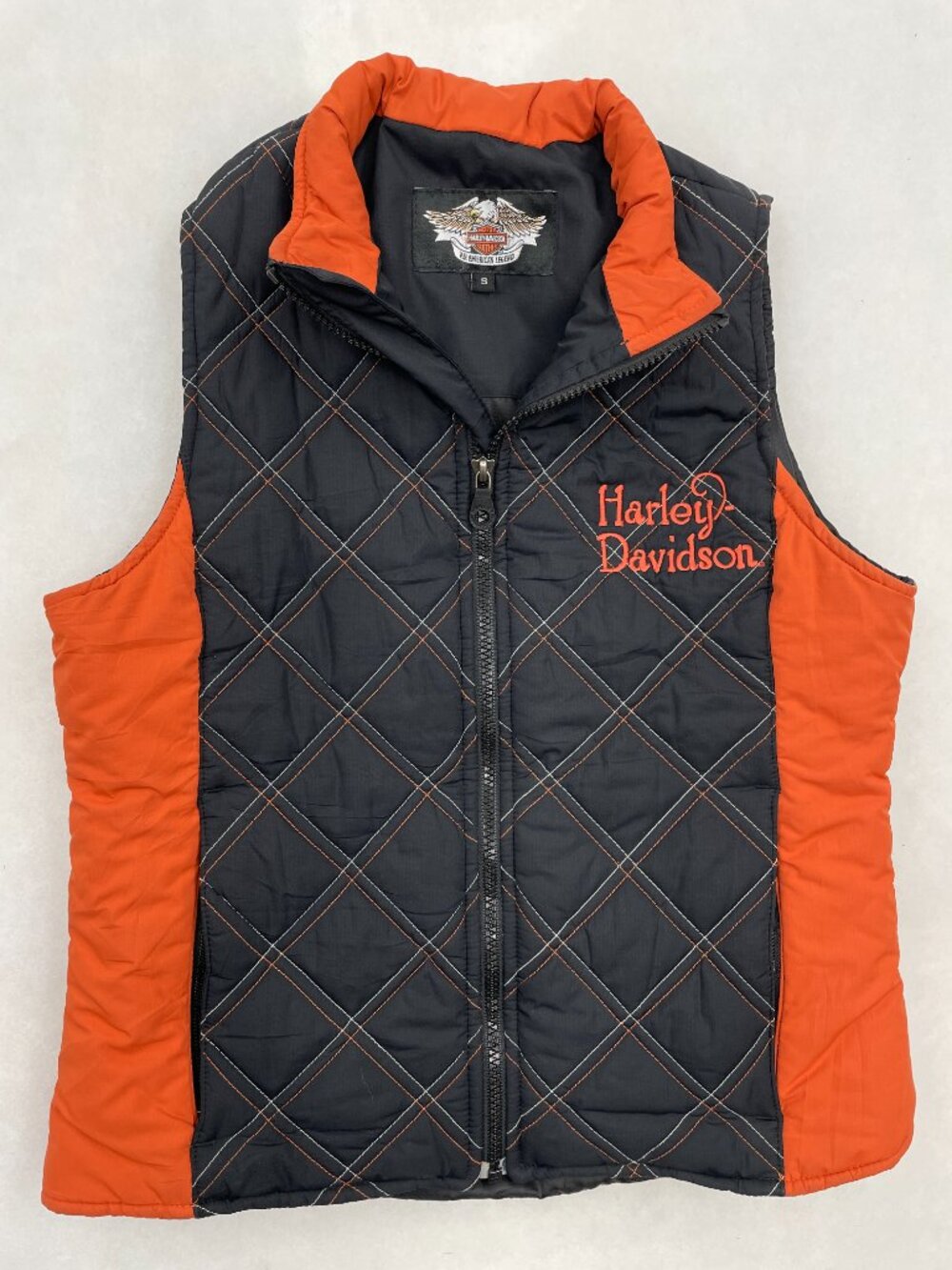 Harley Davidson Quilted Puffer Motorcycle Vest Black Orange Biker Women's S